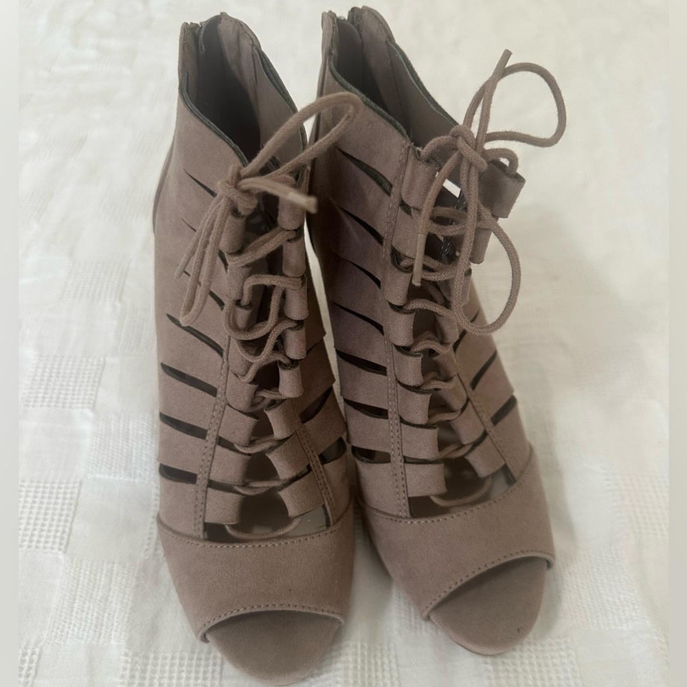 Fergalicious Taupe Lace-Up Cutout Peep Toe Heels